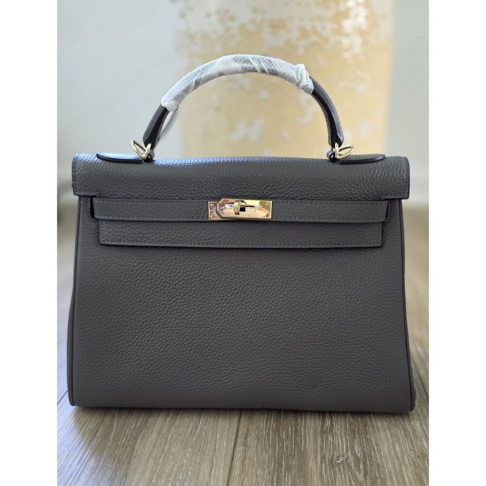 Structured Taupe Gray Faux Leather Top Handle Satchel Bag Gold Hardware NWOT